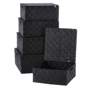 Set 5 cutii depozitare polietilena neagra 28 x 28 x 12, 30 x 30 x 13, 32 x 32 x 14, 34 x 34 x 15, 36 x 36 x 16 cm