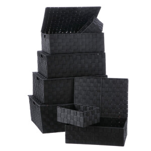 Set 7 cutii cu capac depozitare polietilena neagra 23 x 16 x 9,5, 37 x 27,5 x 12, 40 x 30 x 14, 43 x 34,5 x 15,5, 47 x 38 x 17,5,  50 x 40,5 x 19,5 cm