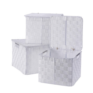 Set 3 cutii depozitare cu capac polietilena alba 25 x 25 x 20, 27 x 27 x 21, 30 x 30 x 22 cm