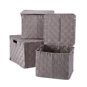 Set 3 cutii depozitare cu capac polietilena maro 25 x 25 x 20, 27 x 27 x 21, 30 x 30 x 22 cm