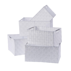 Set 5 cosuri depozitare albe 32 x 21 x 16 cm,  34 x 23 x 17 cm,  36 x 25 x 18 cm, 37 x 27 x 19 cm, 40 x 29 x 20 cm