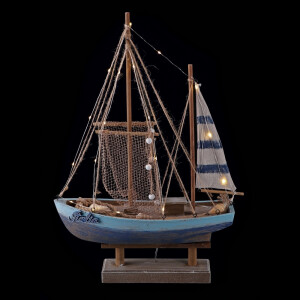 Barca decorativa cu leduri, textil lemn 36 x 11,5 x 54 cm