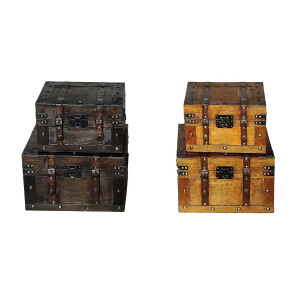 Set 4 cufere depozitare lemn piele maro 30 x 22,5 x19,5, 36 x 28 x 24 cm