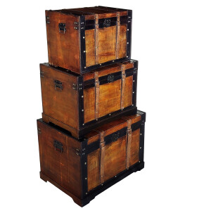 Set 3 cufere depozitare lemn piele maro 50 x 31 x 35, 60 x 38,5 x 42, 70 x 46 x 50,5 cm