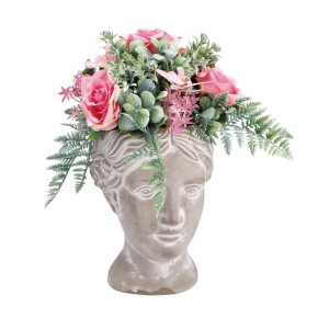 Vaza ceramica cu plante artificiale verzi roz 18 x 18 x 36 cm