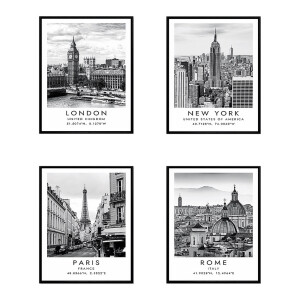 Set 4 tablouri decorative olegrafie pe hartie City 40 x 50 cm