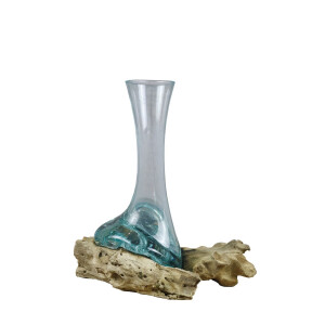 Vaza flori sticla cu suport lemn 15 x 15 x 20 cm