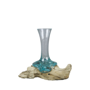 Vaza flori sticla cu suport lemn 15 x 12 x 24 cm