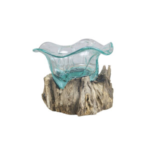 Vaza flori sticla cu suport lemn 20 x 20 x 17 cm