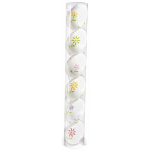 Set 6 oua decorative plastic suspendabile alb flori 4x6 cm