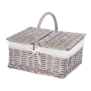 Cos depozitare lemn rachita gri textil crem 44,5 x 34,5 x 37 cm