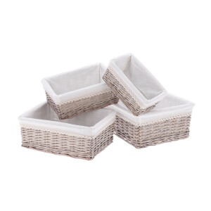 Set 4 cosuri depozitare lemn rachita gri textil alb 25 x 15 x 10, 30 x 21 x 12, 35 x 25,5 x 14, 39,5 x 31 x 16 cm