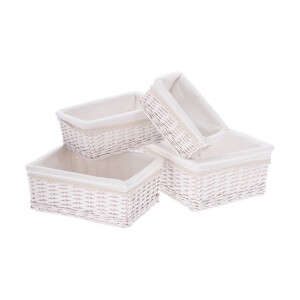 Set 4 cosuri depozitare lemn rachita textil alb 25 x 15 x 10, 30 x 21 x 12, 35 x 25,5 x 14, 39,5 x 31 x 16 cm