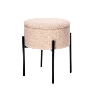 Taburet cu spatiu depozitare textil buclat crem fier negru 36 x 44 cm