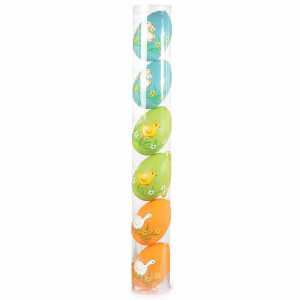 Set 6 oua decorative plastic suspendabile ratusca albastru verde portocaliu 5x8 cm