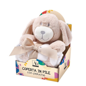 Set figurina Iepuras cu paturica textil maro alb 75 x 90 cm