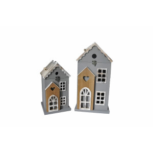 Set 2 felinare lemn maro gri cu led 17 x 17 x 31, 22 x 22 x 44 cm