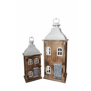 Set 2 felinare lemn maro gri cu led 18 x 13,5 x 46, 24 x 20 x 66 cm