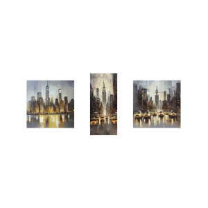 Set 3 tablouri decorative olegrafie pe panza Town III  2 x 35 x 35 cm, 35 x 80 cm