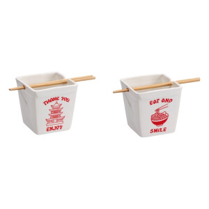 Set 2 boluri mancare chinezeasca dolomit alb rosu, betisoare bambus 12,5 x 12,5 x 13 cm