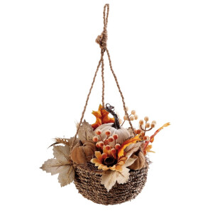 Aranjament in ghiveci cu Dovleci si Frunze artificiale multicolore 48 x 30 cm
