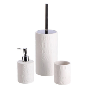 Set perie toaleta, dispenser sapun, pahar periute dinti ceramica alba