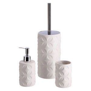 Set perie toaleta, dispenser sapun, pahar periute dinti ceramica alba Amely