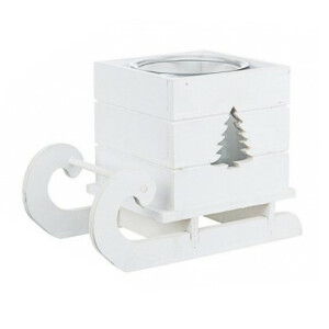 Suport lumanare din lemn alb si sticla model Sanie Brad 16x9x11.5 cm