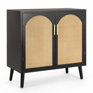 Comoda 2 usi mdf negru ratan natur Josine 80x40x80 cm