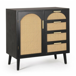 Comoda 1 usa 4 sertare mdf negru rattan natur Josine 80x40x80 cm
