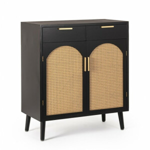 Comoda 2 usi 2 sertare mdf negru ratan natur Josine 80x40x92 cm