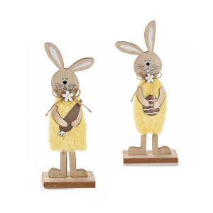 Set 2 figurine Iepurasi din lemn si textil galben 13x5x32 cm