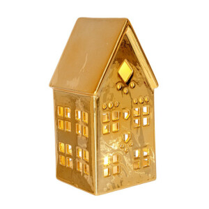 Casuta decorativa portelan auriu cu led 8,5x8,2x17h