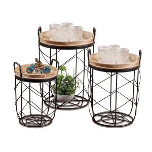 Set 3 masute lemn maro metal negru  28,5 x 40,5,35,5 x 47, 41 x 53 cm