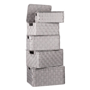 Set 5 cutii depozitare cu capac, gri  28 x 18 x 11, 30 x 20 x 13, 32 x 22 x 15, 33,5 x 24 x 17 cm