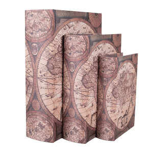 Set 3 cutii tip carte lemn maro Harta Lumii 27x22x7 cm, 22x17x6 cm, 17x12x4 cm