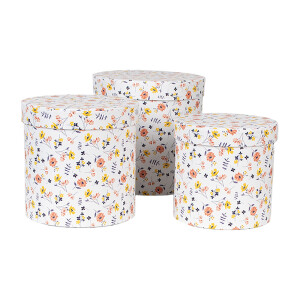 Set 3 cutii depozitare carton multicolor Flowers Ø 19x19 cm, Ø 17x17 cm, Ø 15x15 cm