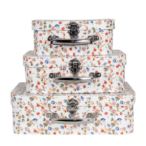 Set 3 cutii depozitare carton multicolor tip valiza Flowers 30x22x9 cm, 25x20x9 cm, 20x17x8 cm