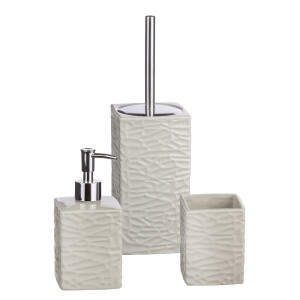 Set baie dispenser sapun, pahar periute dinti, perie toaleta ceramica bej