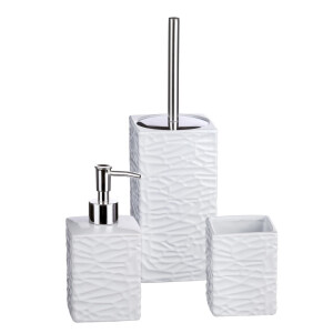 Set baie dispenser sapun, pahar periute dinti, perie toaleta ceramica alba
