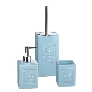 Set baie dispenser sapun, pahar periute dinti, perie toaleta ceramica albastra
