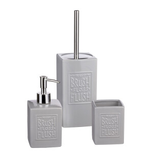Set baie dispenser sapun, pahar periute dinti, perie toaleta ceramica gri
