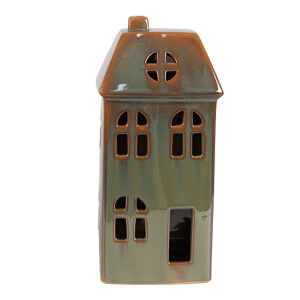 Casuta decorativa cu led portelan maro verde 7x6x15 cm