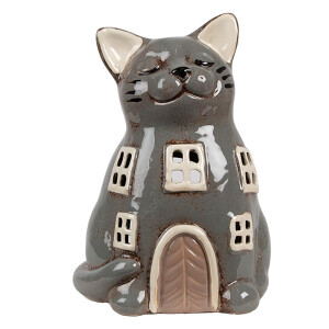 Candela Pisicuta ceramica gri bej 15x12x21 cm