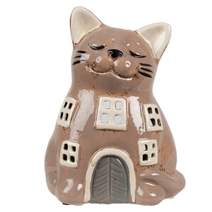 Candela Pisicuta ceramica maro bej 14x12x18 cm