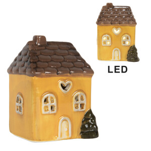 Casuta Craciun ceramica galbena maro cu led 7x6x10 cm