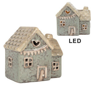 Casuta Craciun ceramica bej verde cu led 8x6x8 cm