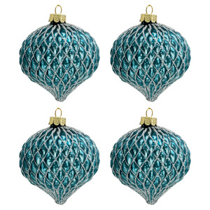 Set 4 globuri brad Craciun sticla albastra 8x9 cm
