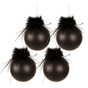 Set 4 globuri brad Craciun sticla pene negre 10x10 cm