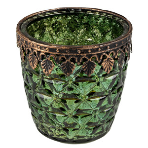 Set 2 suporturi lumanari metal cupru sticla verde 9x9 cm